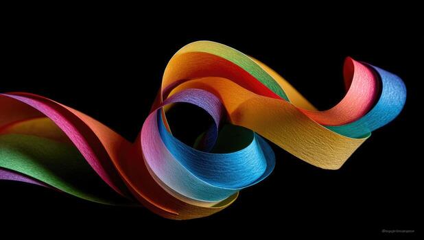 Vibrant, colorful, flowing paper ribbons against a stark black backdrop, creating curves photo