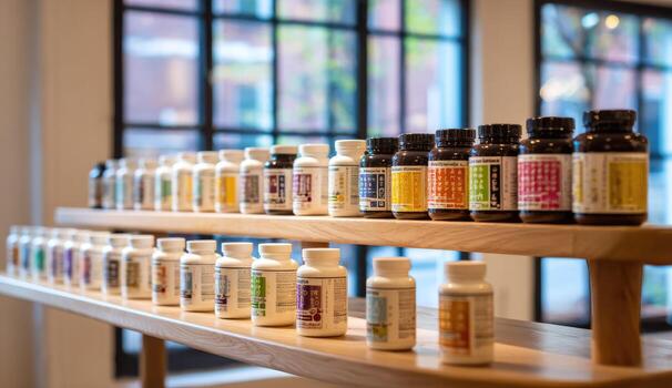 Shelves displaying various colored supplement bottles. Background has a window and brick building photo