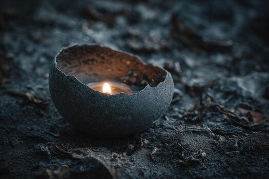 A glowing tealight nestled in a weathered, cracked, and textured spherical container photo