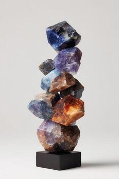 A balanced tower of various colored, natural gemstone chunks on a black rectangular base photo