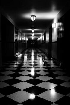 Long, dark, symmetrical hallway with tiled floor and overhead lights, in black and white photo