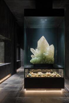 un iluminado cristal formación se sienta en un monitor caso dentro un oscuro, moderno museo exposición foto