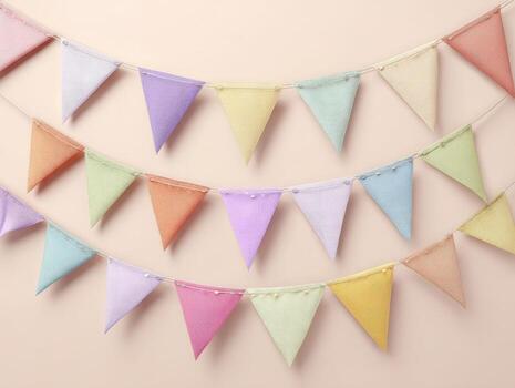 color pastel triangular verderón banderas colgar en un amable cascada en contra un suave melocotón antecedentes foto