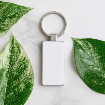 Blank rectangular key ring, amidst fresh green leaves on a marble surface photo