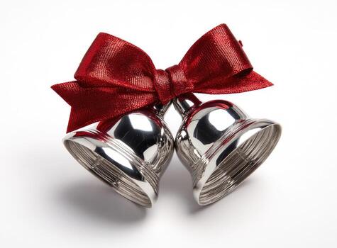 Two shiny silver jingle bells tied with a red ribbon photo
