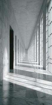 Long, marble corridor with light streaming through windows, creating shadows on the floor photo