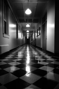 Black and white image of a long, illuminated hallway with checkered floor photo