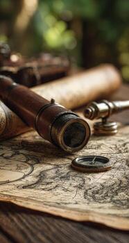 Close-up of antique navigational tools telescope, map, compass on wooden table, out-of-focus foliage photo