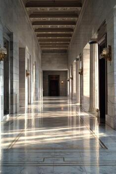 A long marble hallway with pillars, lights, and a dark doorway at the end photo
