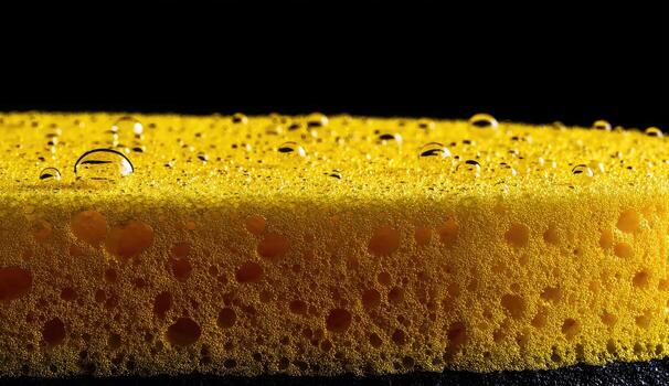 Close-up of a vibrant yellow sponge with water droplets, set against a dark background photo