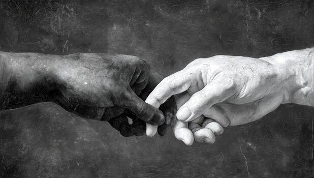Two hands, one dark and the other light, touching fingertips against a textured background photo