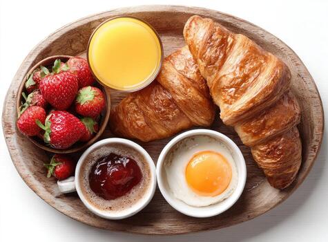 An overhead shot of a breakfast platter with croissants, fruit, egg, juice, and jam photo