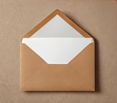An open brown envelope reveals a blank white card set against a beige paper background photo