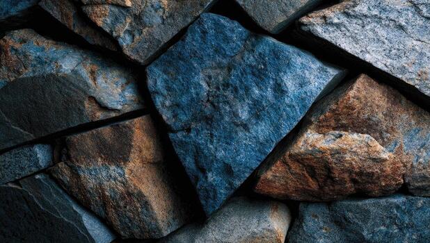 Close-up view of a textured stone wall. Jagged, irregularly shaped pieces of dark gray, blue-gray, and brown stone create a complex pattern. Shadows highlight the varied tones and shapes photo