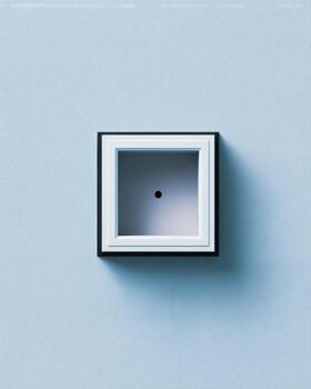 Square white inset box with black frame on a light blue background. A small black dot is in the center of the white interior photo