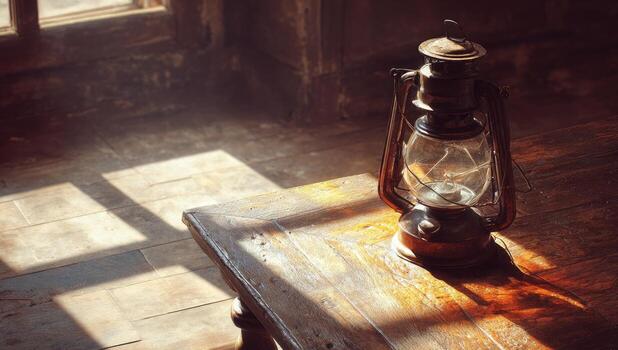 Antique lantern sits atop a worn wooden table near a window, with sunlight casting shadows photo