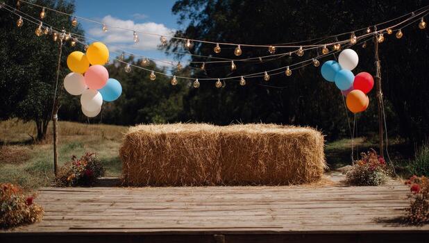 Rustic outdoor scene with balloons, hay bale centerpiece, and string lights photo