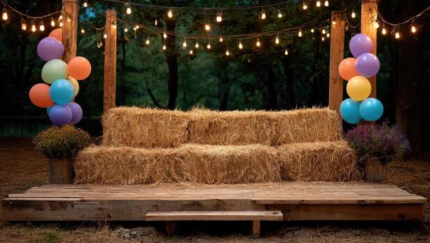 An outdoor rustic stage with hay bales, balloons, and string lights at dusk photo