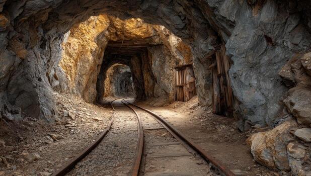 A long, dark tunnel with tracks disappearing into the distance, with a wooden door photo