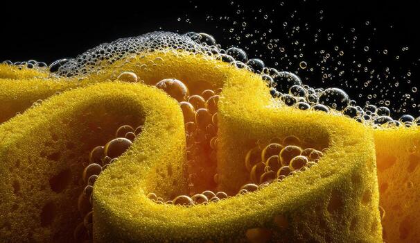 Close-up of yellow sponge overflowing with bubbly, sudsy liquid against a black backdrop photo