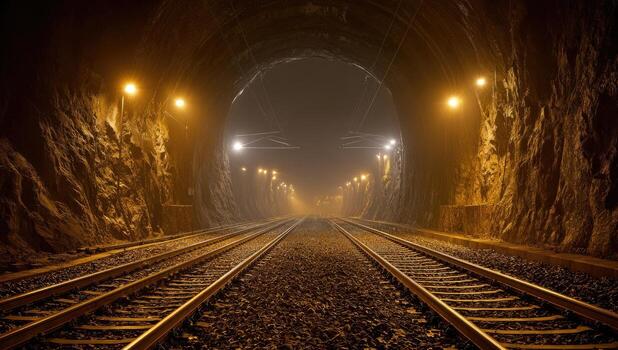 Deep perspective of a railway tunnel, lit by warm lights, vanishing point in misty distance photo