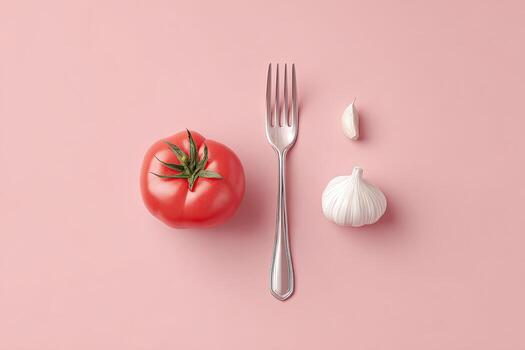 A vibrant tomato, fork, garlic, and clove on a pink background. Minimalist composition photo