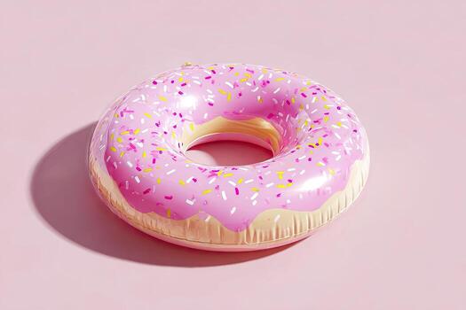 Pink inflatable ring in the shape of a donut, with sprinkles, on a pink background photo