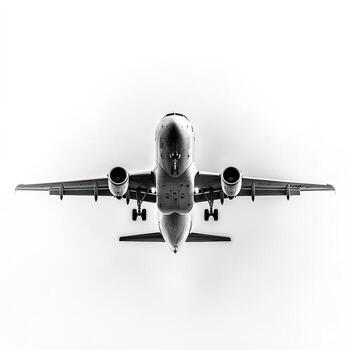 Black and white photo of an airplane in flight, viewed from directly below. The plane is in a moment of transition, likely taking off or landing. Clean, crisp lines and simple design elements are emphasized