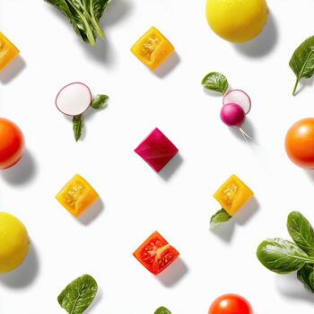 Overhead shot of a white surface with fresh vegetables scattered in a bright, modern pattern photo