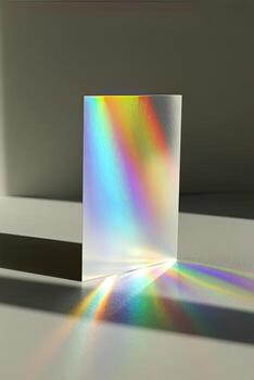 prisma de luz, vibrante matices refractar mediante un sábana de vaso, fundición arco iris rayas en un ligero gris superficie foto