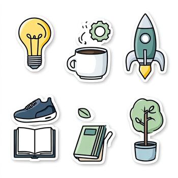 Collection of colorful, simple stickers depicting ideas, work, and growth photo