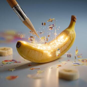 A banana, seemingly imbued with digital energy, is being painted with a brush. Particles of light and color radiate outward from the fruit photo