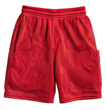 Red mesh basketball shorts. Flatlay, isolated photo