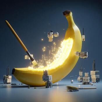 Banana, painted with light, surrounded by small robots photo