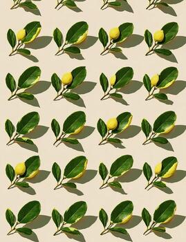 repitiendo modelo de frondoso ramitas con pequeño amarillo frutas emitir largo oscuridad en un neutral superficie foto