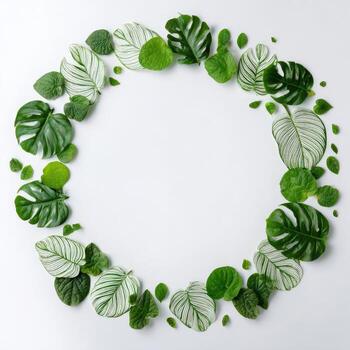 A vibrant wreath of various green leaves against a plain white backdrop photo