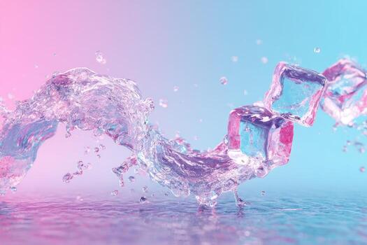 Water splashes dynamically around ice cubes on a gradient pink-blue background photo