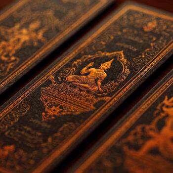 Close-up of ornate, dark cards. Golden figures and patterns photo