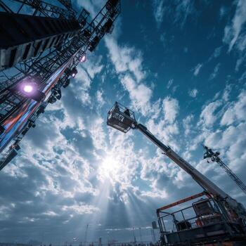 Elevated view of large stage equipment and a cherry picker against a dramatic sky photo
