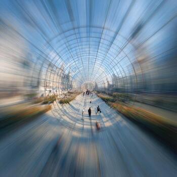 Blurred perspective of a large indoor space, people walking, geometric structure photo