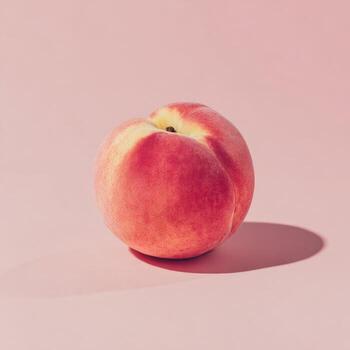 A single ripe peach casts a shadow on a pink background. Soft, natural light photo