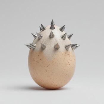 A speckled egg, adorned with metallic spikes, stands on a neutral background photo