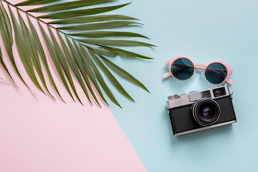 palma hoja, Gafas de sol, y cámara descanso en rosado y azul antecedentes. plano poner, parte superior ver foto