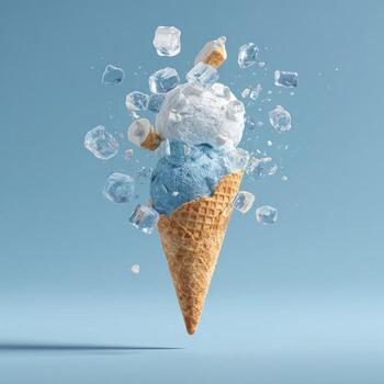 Ice cream cone with blue and white scoops and ice cubes exploding against a pastel background photo