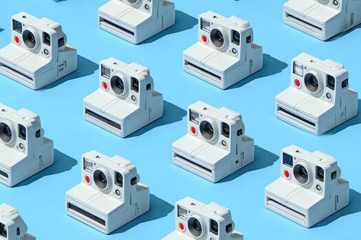 A grid of white instant cameras on a light blue background with sharp shadows photo