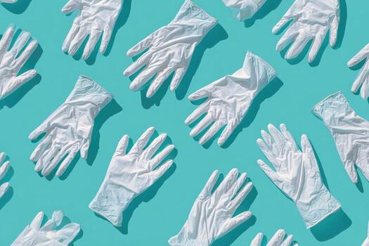 Pattern of white medical gloves arranged diagonally on a teal background, shadows cast photo
