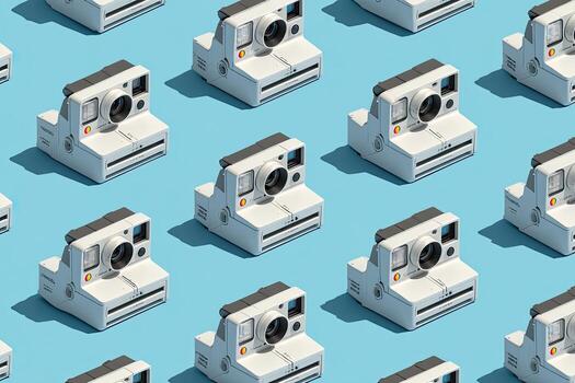 Isometric grid of instant cameras on a blue background, showing their distinct features photo