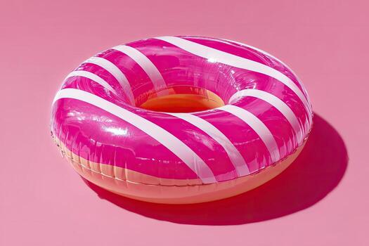 A pink and white striped inflatable donut pool float casting a shadow on a pink surface photo