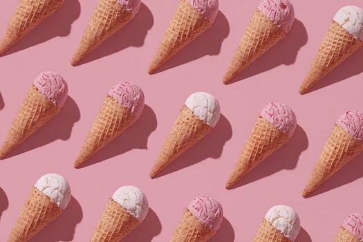 Pattern of ice cream cones with pink and white scoops on a matching pink background photo