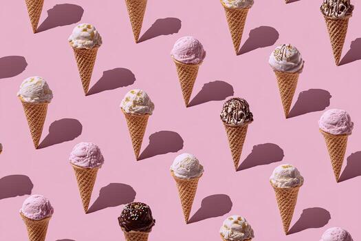 formación de varios hielo crema conos en rosado fondo, creando un repitiendo modelo foto